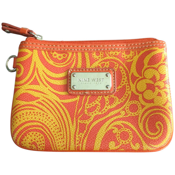 NINE WEST Orange Wallet Wristlet Yellow Floral Swirl - Picture 1 of 6